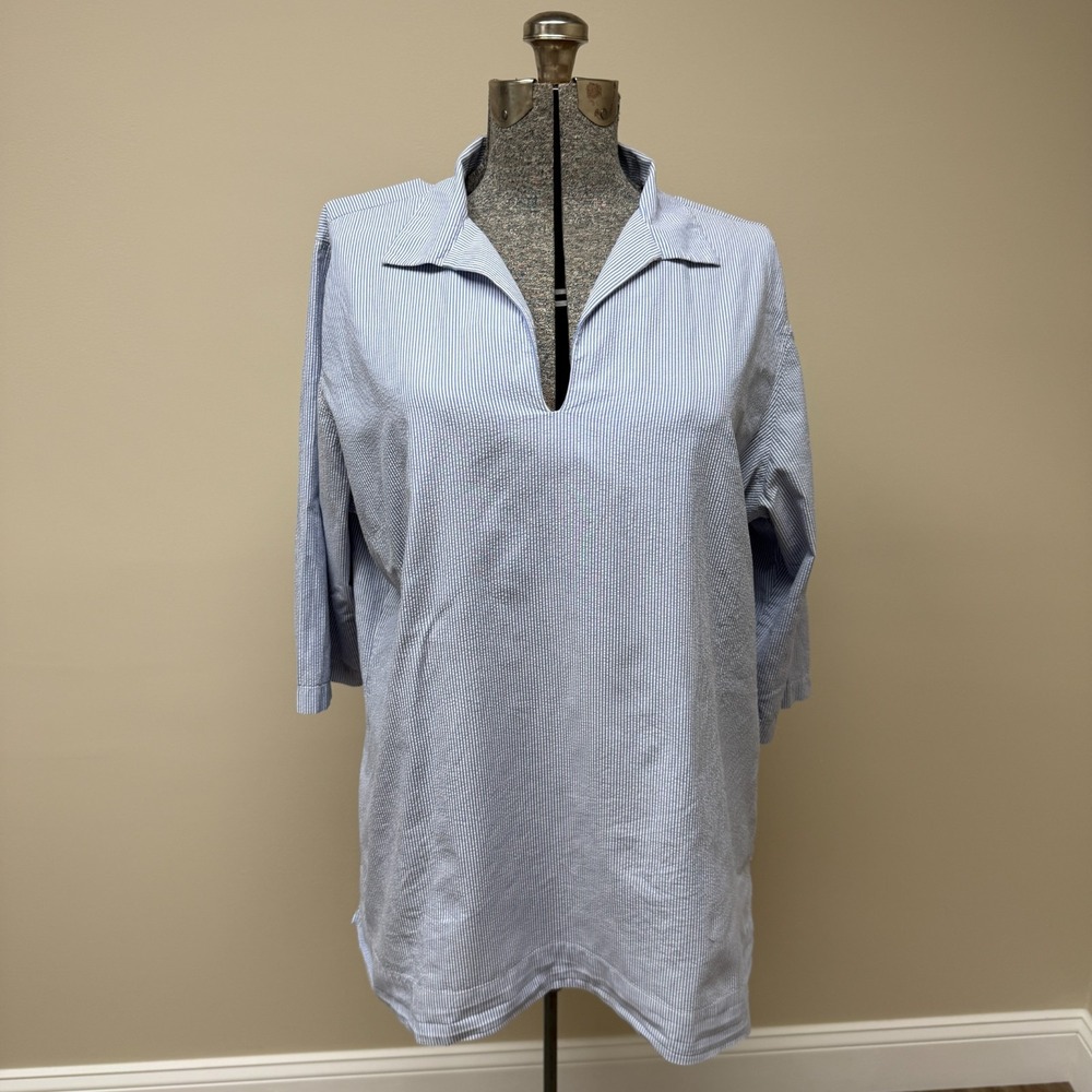 Lands' End Seersucker Tunic Top Womens 20/22W Blue White Striped Cottage Core